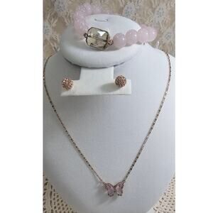 Rose Gold Glass Butterfly Necklace, Pave Studs, Rose Quartz Stretch Bracelet Lot